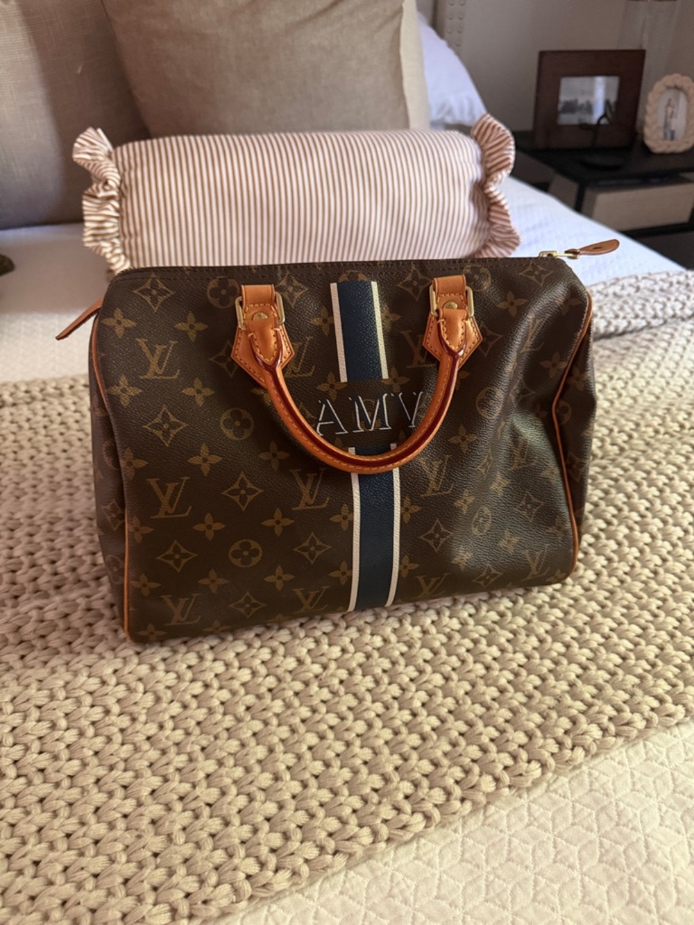 Louis Vuitton Brown Monogram Speedy Band Canvas Shoulder Bag with Navy Stripe.